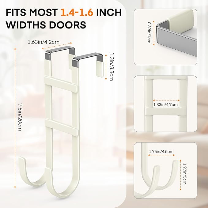 FYY Over The Door Hooks - 2 Pack Heavy Duty Double-Hanger Organizer for Bathroom Bedroom Dorm, Hanging Clothes Towels Hats Bags Ironing Board Wreath Robe - Fits Interior Doors Up to 1.6” Beige