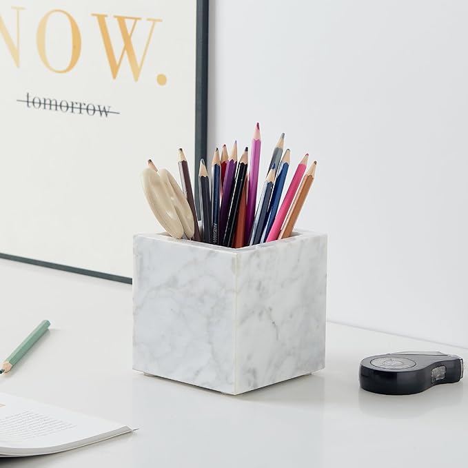 Real Luxurious Natural Marble Toothbrush Holder & Makeup Brush Organizer & Pen Holder for Desk,3.93inch Square Marble Utensil Holder Non-Ceramic/Non-Resin （White）