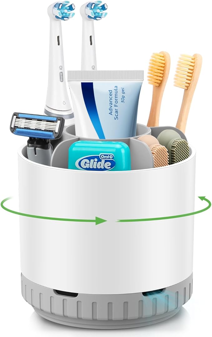 GFWARE Toothbrush Holders for Bathrooms - White Rotating Kids Electric Toothbrush and Toothpaste Holder, Detachable 6 Slots Tooth Brush Organizer Bathroom Countertop Storage