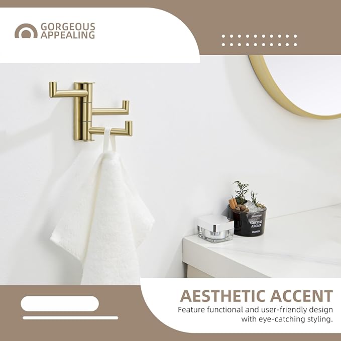 Angle Simple Towel Hook Swivel, SUS304 Stainless Steel 3 Arms Bath Towel Holder, Robe Hook Bathroom Wall, Brushed Gold
