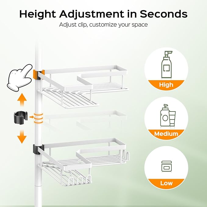 HAMITOR Shower Caddy Tension Pole: 4-Tier Corner Bathroom Organizer Shelf with Soap Holder & Hooks - No-Drill Adjustable Storage Rack for Apartment Renters - 47-123 Inch White
