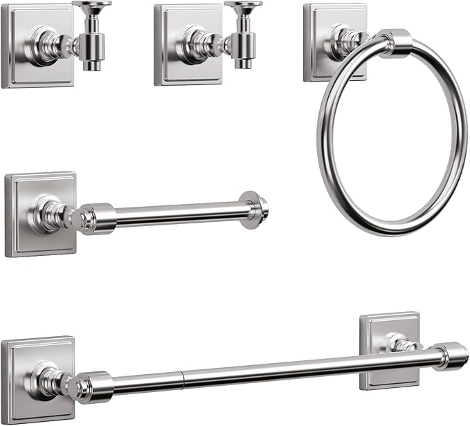 Brushed Nickel Bathroom Towel Bar Set, 5 Piece Bathroom Hardware Accessory Set, SUS304 Stainless Steel 24" Towel Rack Holder Set for Bathroom, Wall Mounted