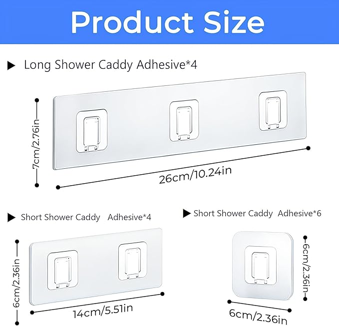 14 Pack Shower Caddy Adhesive Replacement Flat Strips, Heavy Duty Transparent Waterproof Hooks for Bathroom Storage Shelves, No-Drilling Sticky Wall Mount Hooks for Kitchen Organizers