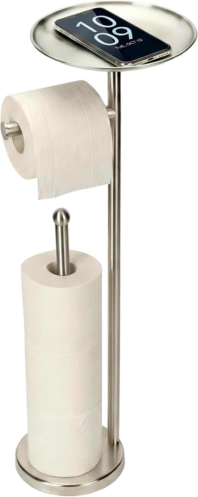 Kalitro Toilet Paper Holder Freestanding with Big Shelf, 4 Rolls Reserve Paper Holder Stand, Modern Paper Roll Holder with Storage Space for Phones (Brushed Nickel)