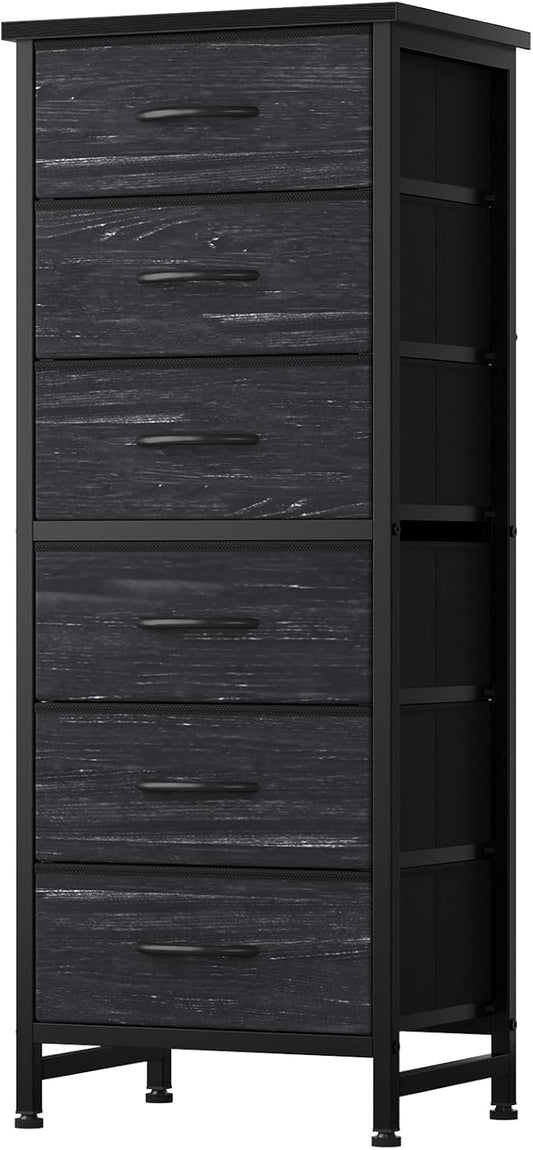 Sweetcrispy Tall Fabric Dresser for Bedroom, 6 Drawer Skinny Chest of Drawers, Narrow Storage Tower with Wood Top and Metal Frame,Bedroom Organization Furniture, Black Wood Grain