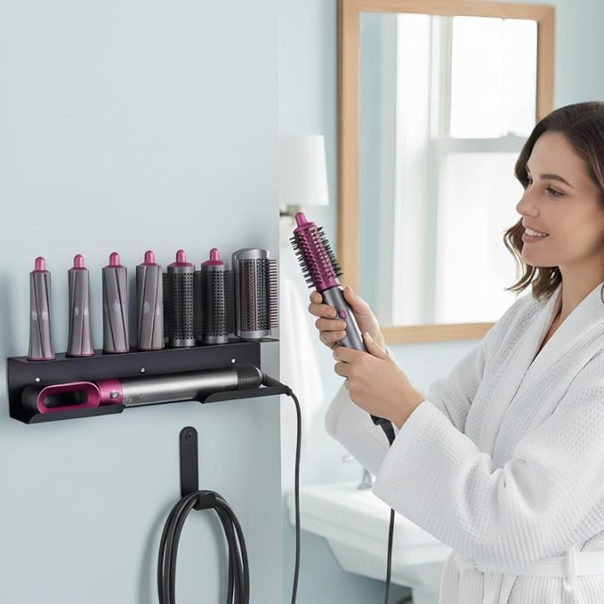 Hair Dryer Holder for Airwrap, Aluminum Hair Tool Holder Wall Mount Black with 7 Custom Slots & Cable Hook, Hair Tool Organizer Wall Mounted for Bathroom BANJEKT