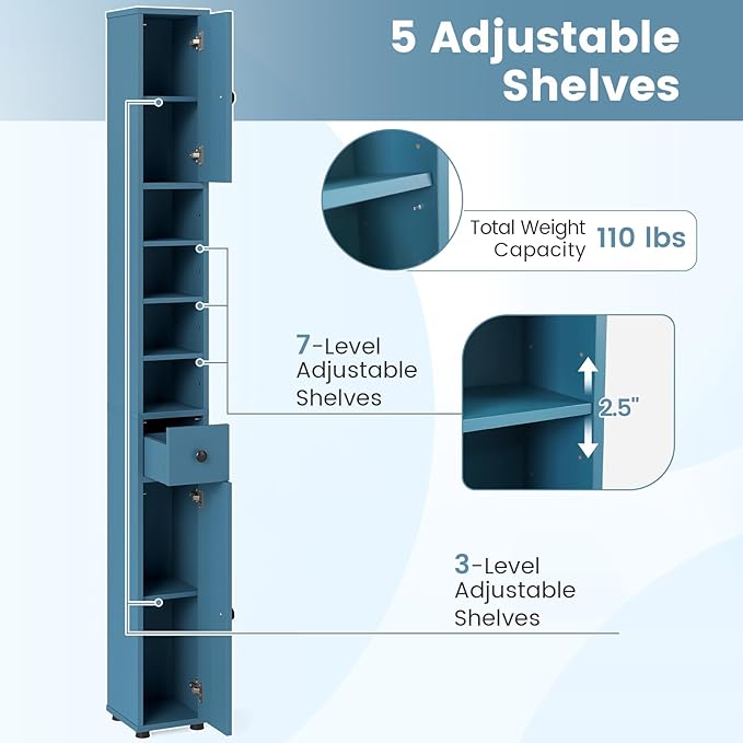 Tangkula Tall Slim Bathroom Storage Cabinet, 71" Freestanding Bathroom Cabinet w/ 2 Doors, 1 Drawer & 5 Adjustable Shelves, Floor Narrow Tower Cabinet for Small Spaces, 8" x 8" x 71" (Blue)