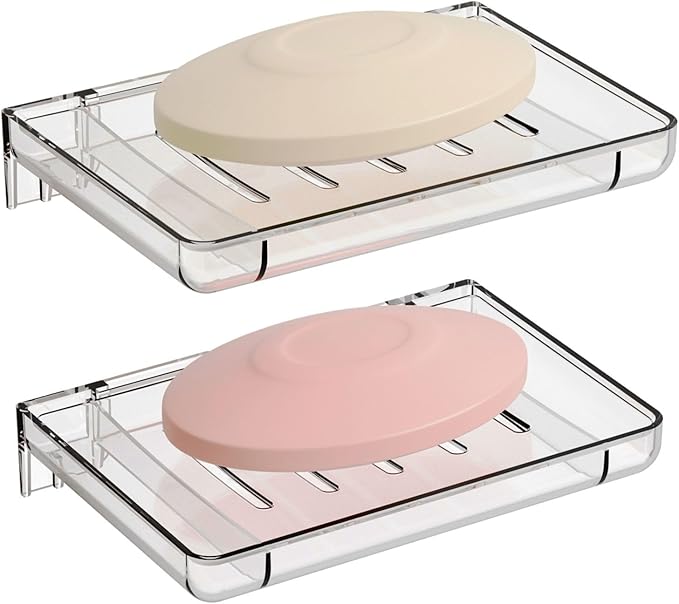 SUOXING 2 Pack Bar Soap Holder for Shower Wall,Self Draining Adhesive Soap Holder,Rustproof Wall Mounted Acrylic Shower Soap Rack & Caddy for Bathroom,Bath,Kitchen,No Drilling PlasticSoap Shelf,Clear