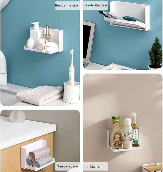 White Floating Wall Shelf - Foldable, Adhesive, Stick On, Tiny, Single, Mini, Mounted for Home, Office, Phone, Remote, Earphone (2 Pcs)