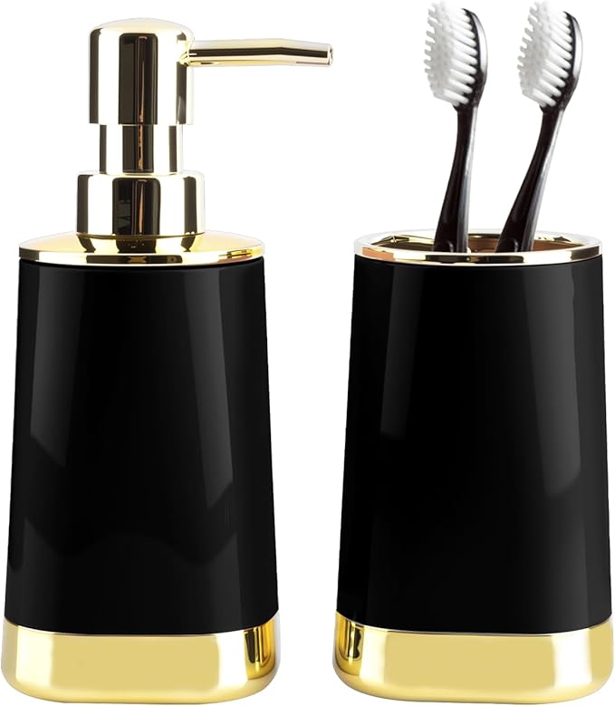 Bathroom Accessories Set, 2Piece Black and Gold Bathroom Accessories Include Soap Dispenser and Toothbrush Holder for Modern Bathroom Decor