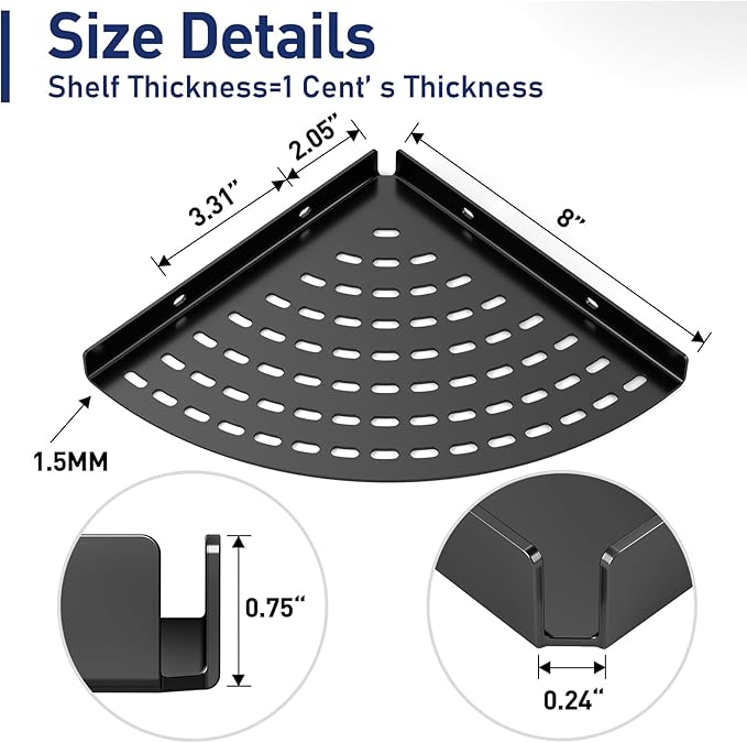 2 Pack Corner Shower Shelves 304 Stainless Steel Shower Corner Shelf Matte Black 8 in Corner Shower Shelf Prevent Rust Drilling Installation