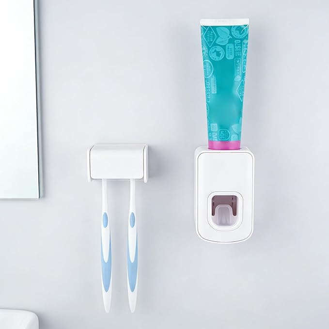 Toothbrush Holder Wall Mounted with Cover for Bathroom, 2 Slots Toothbrush Storage Organizer for Shower, Self Adhesive Toothbrush Hanger with Automatic Toothpaste Squeezer Dispenser