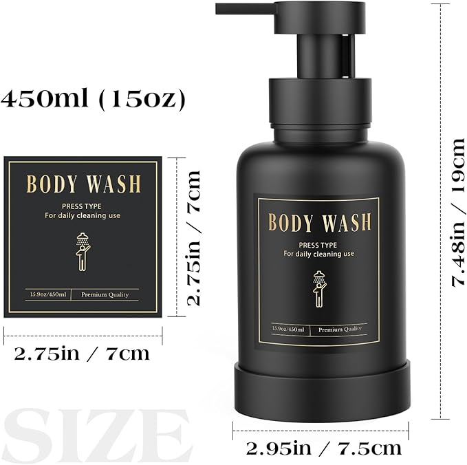 Luxspire Foaming Soap Dispenser, Glass Foam Pump Soap Dispenser, Non-Slip Hand Soap Bottle with 5 Waterproof Labels, 15 Oz Refillable Liquid Soap Bottle for Bathroom & Kitchen, Black, 2 Pack