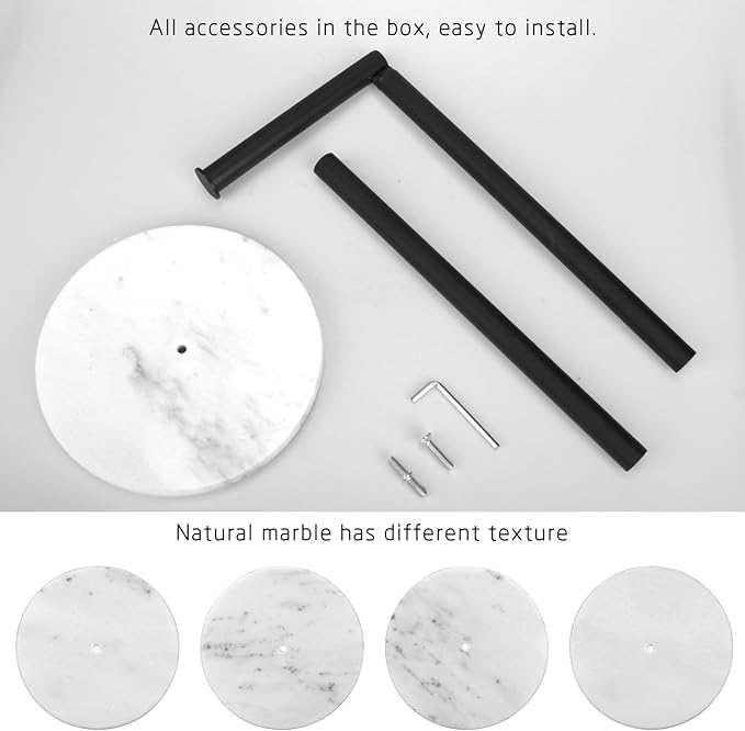 Toilet Paper Holder Stand with Marble Base, Free Standing Natural Stone Base Tissue Paper Storage with Reserve, Matte Black Space Toilet Bath 4 Rolls Holder for Bathroom/Kitchen Countertop
