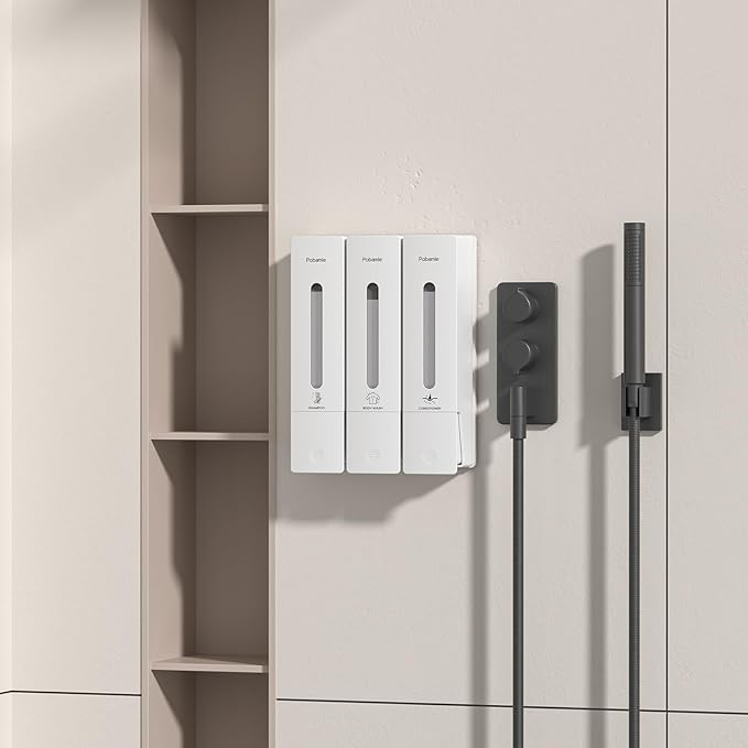 1984 Shower Soap Dispenser Bathroom Set Shampoo Conditioner Body Wash Dispenser Wall Mounted Shower Shampoo Dispenser 3 Chamber No Drill for Home Star Hotel 3 x 400ml White
