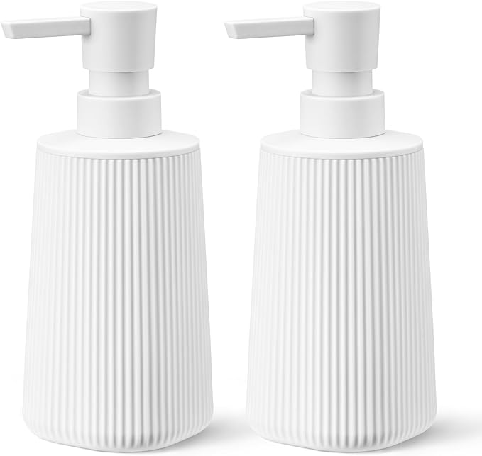 White 2 Pack Hand Soap Dispensers Set with No Rust Pump for Bathroom and Kitchen Countertops Refillable Matte Striped Plastic 8.5 oz