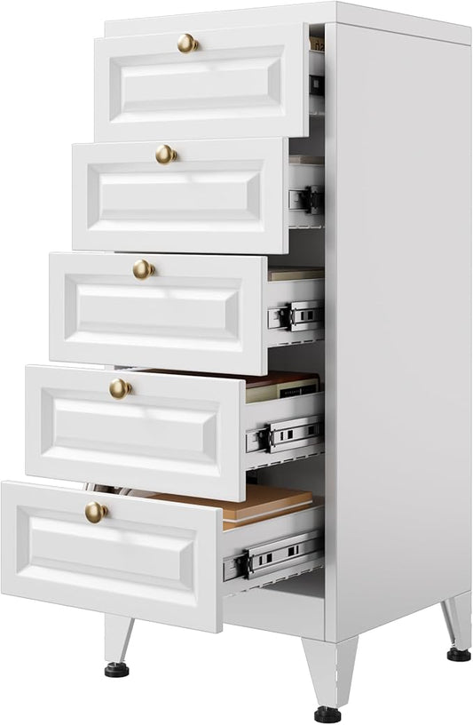 Aobabo Metal Bathroom Storage Cabinet with 5 Drawers, Steel Narrow Cabinet Organizer, Freestanding Floor Storage for Bathroom, Entryway and Living Room, Assembly Required