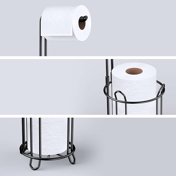 Meangood Toilet Paper Holder Stand and Tissue Paper Roll Dispenser for 4 Mega Rolls, Bathroom Free Standing Tissue Roll Storage Holder Rack, Metal Wire (Black)