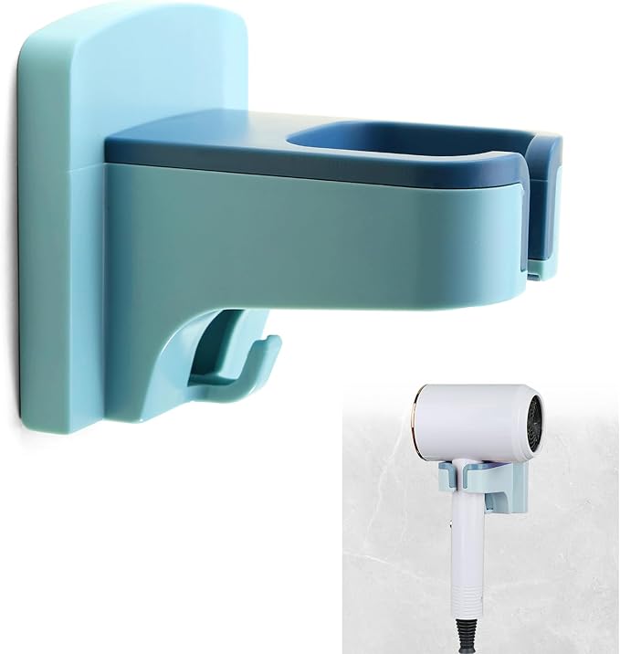 Hair Dryer Holder Wall Mounted Self Adhesive with Cord Organizer Hands Free Hair Dryer Holder for Bathroom Countertop Blow Dryer Organizer(Blue)