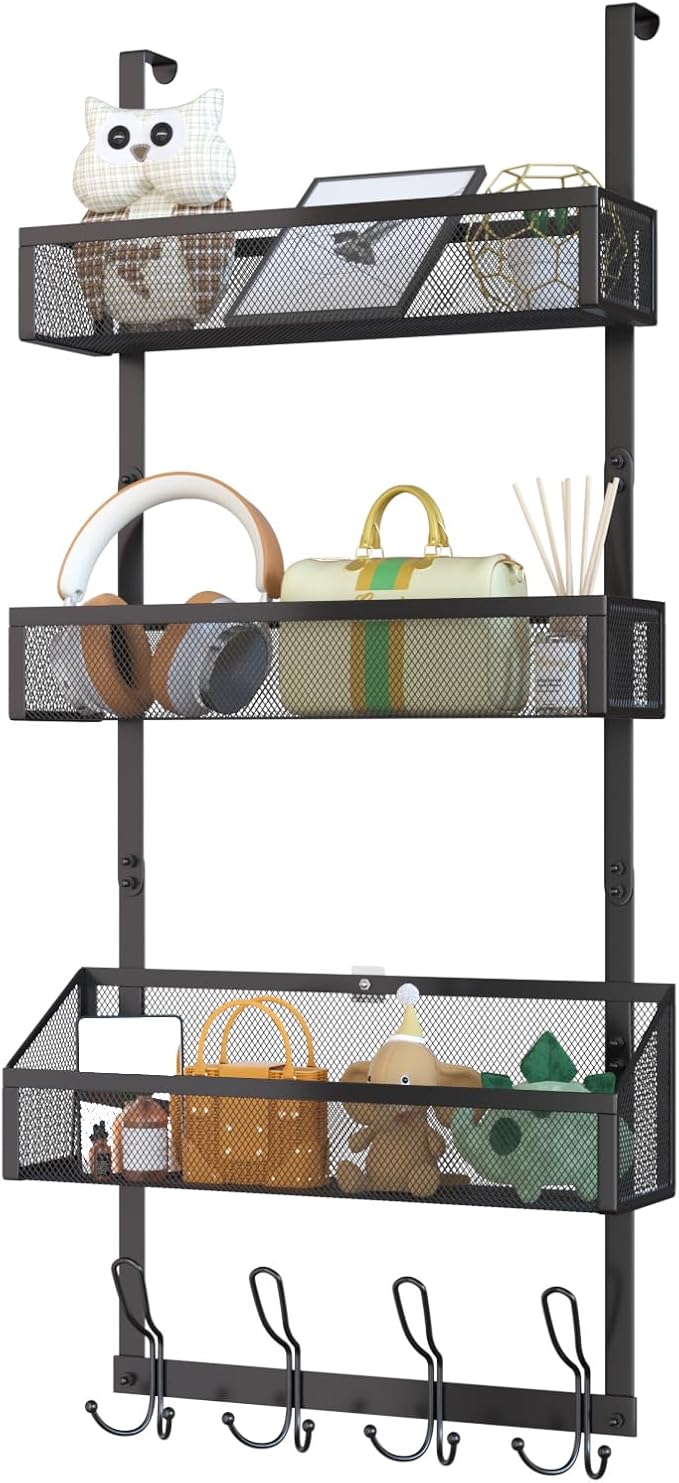 Over The Door Shower Caddy, Over The Door Hook Organizer with 12 Hooks & 3 Mesh Baskets – Space-Saving Towel Rack & Storage Hanger for Bathroom, Kitchen, Bedroom, No Drill Door Hooks, Black