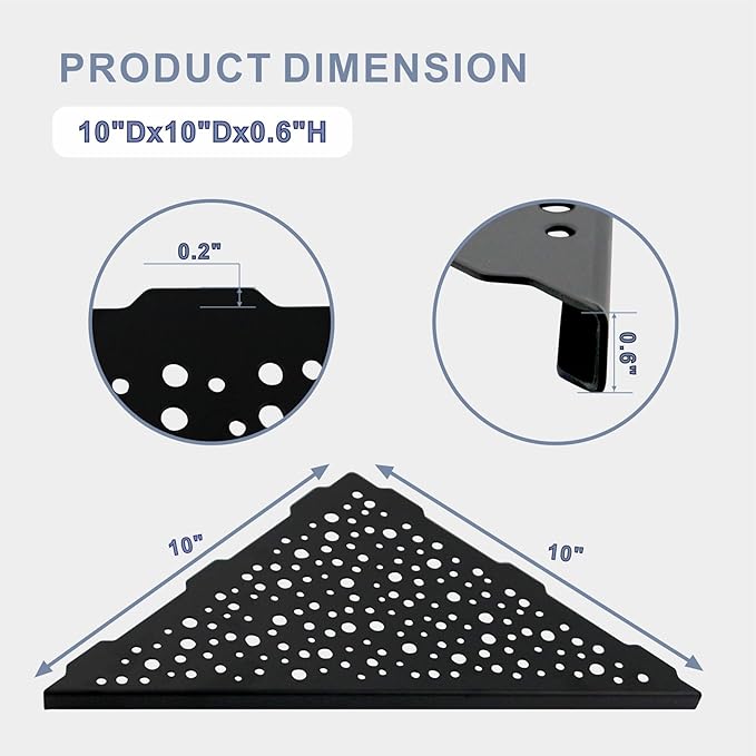 HIDROP Matte Black Corner Shower Shelf 10 Triangular Corner Shelf Stainless Steel Bathroom Shelf for Tiled Wall, 2 Pack Shower Corner Shelf, No Drilling
