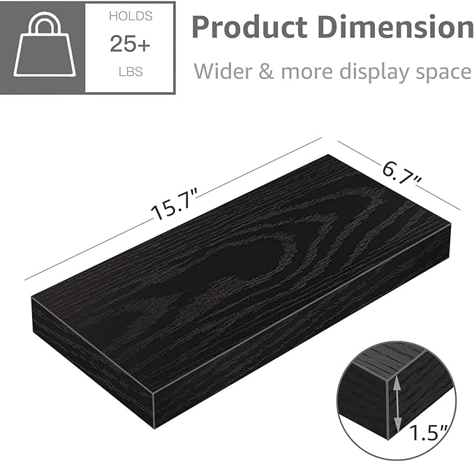 QEEIG Floating Shelves for Wall Bathroom Shelf Bedroom Kitchen Living Room Farmhouse Small Book Shelf 16 inch Set of 4, Black (015-B4)