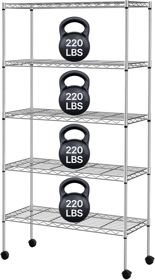 5-Tier Heavy Duty Storage Shelving Unit, Metal Shelves for Garage, Pantry, Kitchen Organization – Adjustable Wire Rack Shelf Organizer, 60"x30"x14", 1250lbs, Chrome