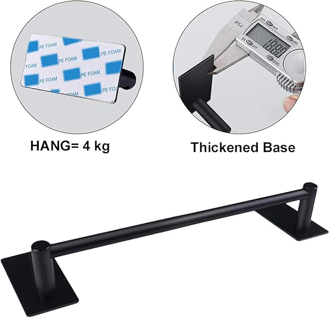 NearMoon Self Adhesive Bathroom Towel Bar- Stainless Steel Bath Wall Shelf Rack Hanging Towel Stick On Sticky Hanger Contemporary Style, NO Drilling (1 Pack, Matte Black, 16-Inch Towel Rack)