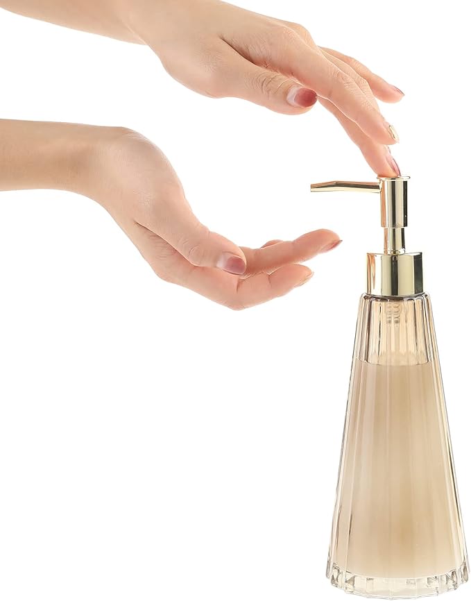MyGift 2 Pcs Vintage Soap and Lotion Dispenser Set, Smoked Glass and Brass Liquid Pump Dispenser with Vertical Ribbed Design