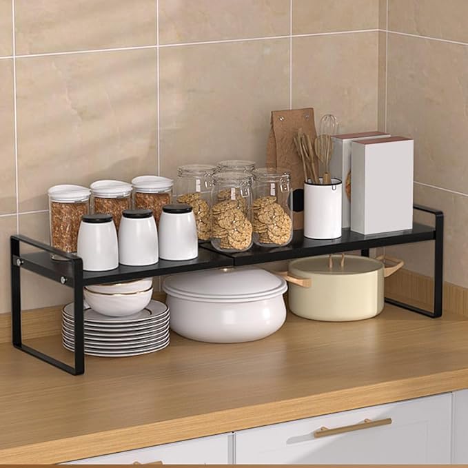 Expandable Cabinet Shelf Organizer Adjustable Storage Rack Stackable Metal Home Organization for Kitchen Pantry Spice Cupboard Under Sink Countertop - Black, 1 Pack