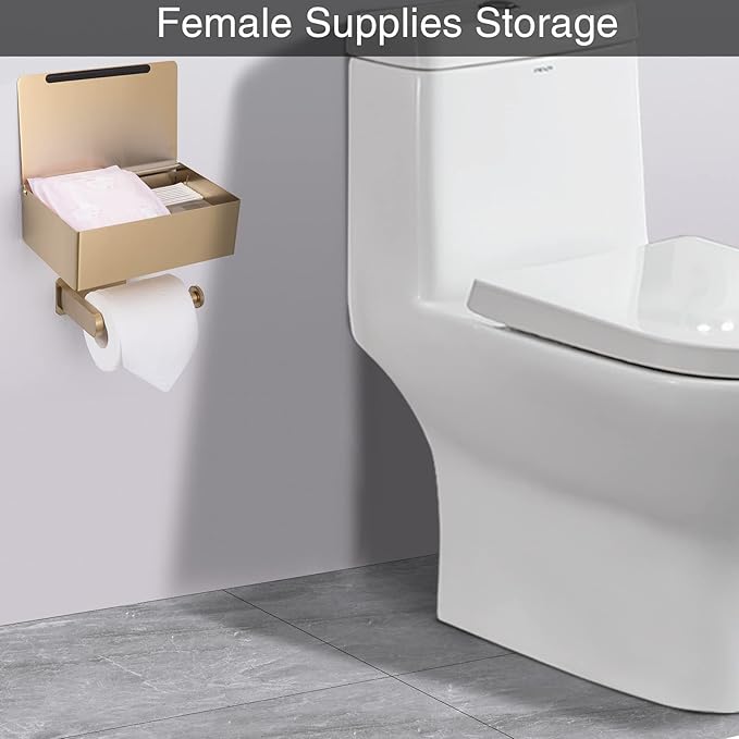 Adhesive Toilet Paper Holder with Shelf and Storage, Wall Mount Toilet Paper Roll Holder & Flushable Wipes Dispenser Set Fits Any Bathroom, Stainless Steel Tissue Holder-Round, Gold