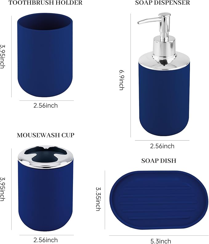 Bathroom Accessory Set, 4 Pcs Plastic Bathroom Set Include Soap Dispenser, Soap Dish, Toothbrush Holder, Mousewash Cup, Modern Bahtroom Décor Set, Space Save for Bathroom (Blue)