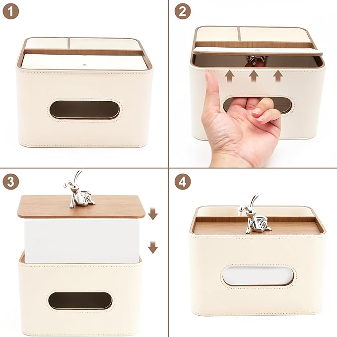 Tissue Box Cover Rectangle with Storage Organizer,PU Leather White Tissue Box Cover for Bathroom, Night Stands,Office Desk,Living Room, Decorative Tissue Holder,Compact Size for car Tissue Refills