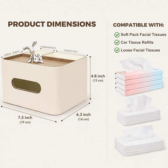 Tissue Box Cover Rectangle with Storage Organizer,PU Leather White Tissue Box Cover for Bathroom, Night Stands,Office Desk,Living Room, Decorative Tissue Holder,Compact Size for car Tissue Refills