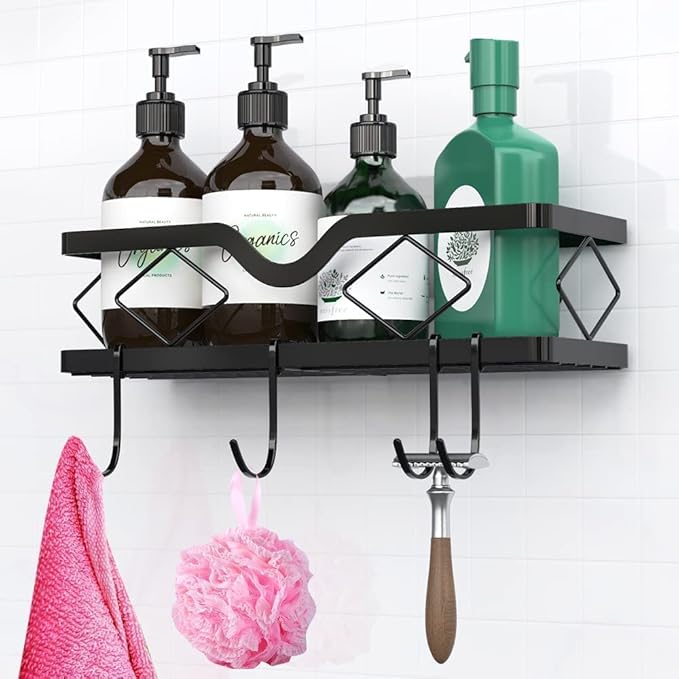 2 Pack Adhesive Shower Caddy Bathroom Shelf, Stainless Steel Shower Organizer Shower Shelves for Inside Shower No Drilling Rustproof Conditioner Shampoo Storage Holder(Black)