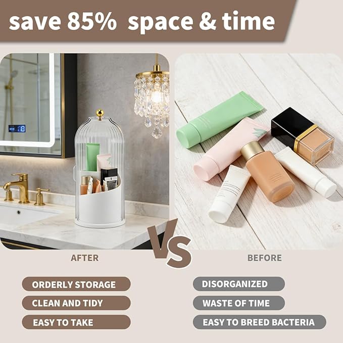 Toothbrush Holders with Sliding Lid, 360° Dustproof Rotating 3 Slots Bathroom Organizer Countertop, Spinning Cosmetic Tools Storage Cup for Desktop Office Bathroom