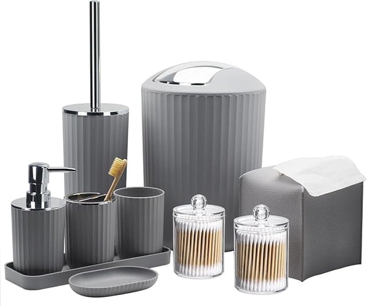 Bathroom Accessory Set - 10 Piece Grey Bathroom Accessories Set with Trash Can, Toothbrush Holder and Cup, Soap Dispenser, Soap Dish, Toilet Brush Holder, Vanity Tray, Qtip Holder, Tissue Box Cover