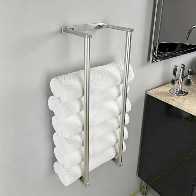 Bathroom Towel Rack for Rolled Towels, Wall Mounted Towel Storage Rack for Bathroom Organization, Stainless Steel Towel Storage Holder Can Holds Up to 6 Large Bath Towels (Silver)