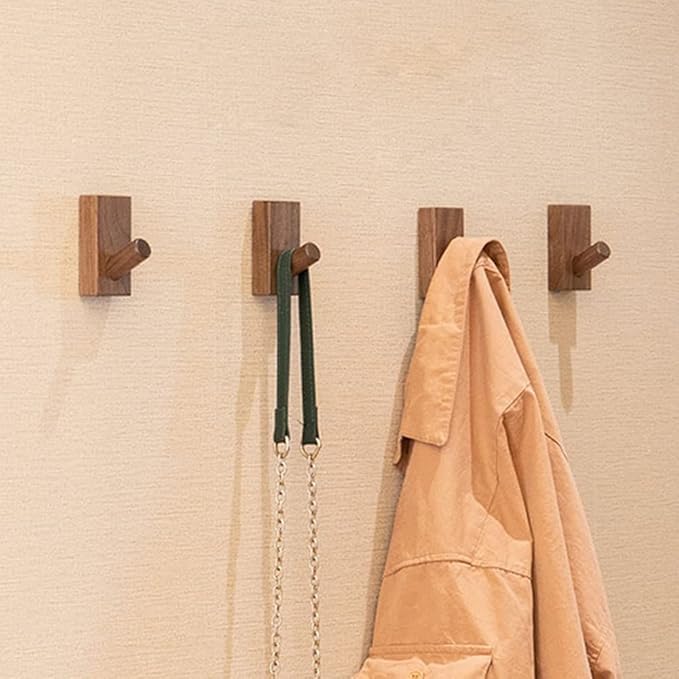 HomeDo Adhesive Wall Hooks Hat Rack, Wooden Coat Hooks Wall Mounted, Decorative Hooks Single Organizer Hat Hanger Towel Rack, Heavy Duty Hooks (Rectangle-Black Walunt,5Pack)