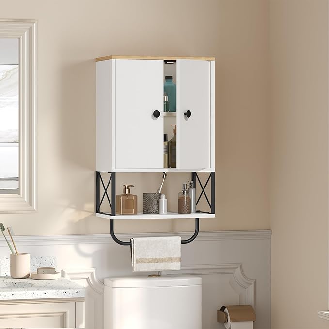 MAHANCRIS Bathroom Wall Cabinet with 2 Door and Adjustable Shelf, Medicine Cabinet with Towel Rack, 3-Tier Wall Mounted Storage Cabinet Over The Toilet for Bathroom Laundry Room, White and Natural