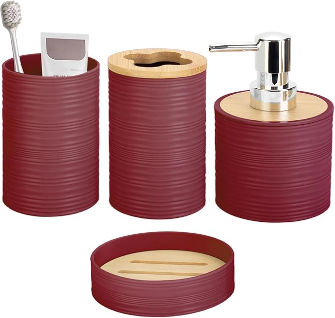 4 Pieces Bamboo Bathroom Accessories Set, Bathroom Accessory Set with Soap Dispenser and Toothbrush Holder, Soap Dish and Toothbrush Cup, Boho Bathroom Decor(Burgundy)