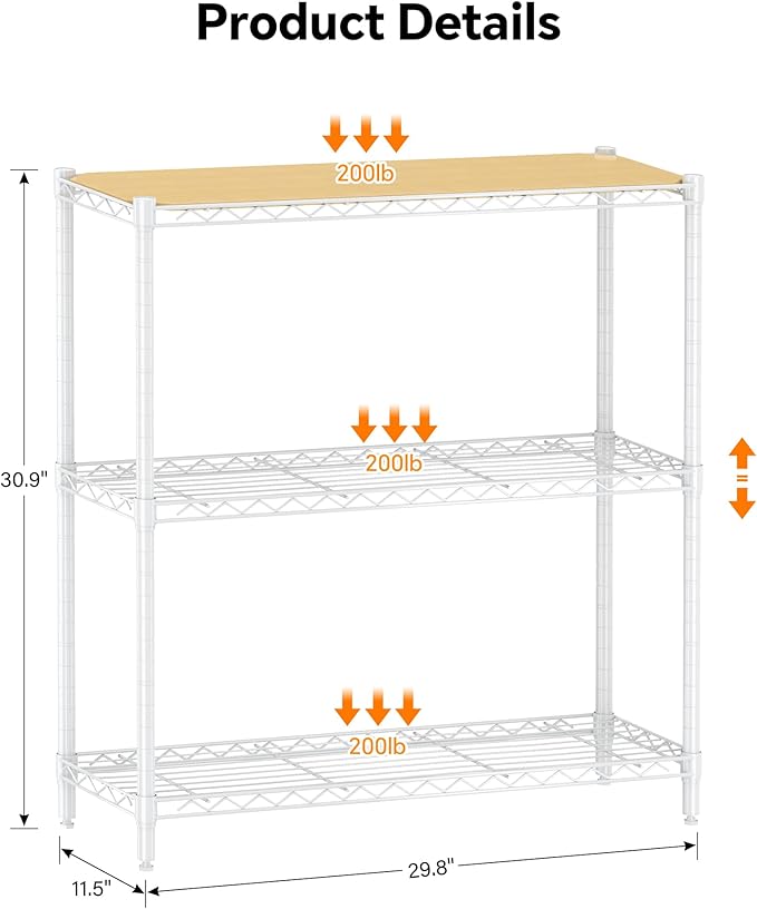 Homeiju 3-Tier Storage Rack, 29.8" Wide Heavy Duty Metal Shelving Unit, Top Tier with Removable Wood Board, 200 lbs Capacity per Shelf, for Pantry, Bathroom, Garage, Entryway, Plant Stand