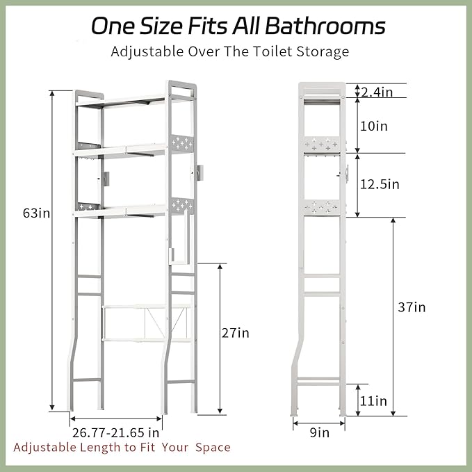 Over the Toilet Storage Shelf 3-Tier Adjustable Bathroom Organizers and Storage Shelves Bathroom Rack Above Toilet Storage with Paper Holder and 4 Hooks Space Saver Storage for Laundry
