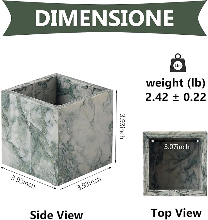 Real Luxurious Natural Marble Toothbrush Holder & Makeup Brush Organizer & Pen Holder for Desk,3.93inch Square Marble Utensil Holder Non-Ceramic/Non-Resin （Cyan Green）