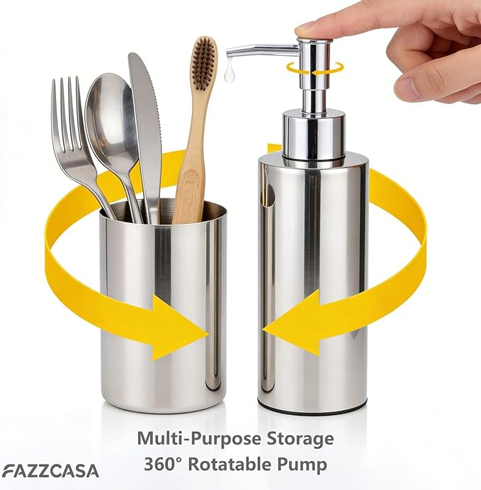 Stainless Steel Round 2PCS Bathroom Set, Soap Dispenser & Toothbrush Holder Set, Suitable for Kitchen and Bathroom Hand Washing Liquid Bath Gel Shampoo, （7.5OZ/220ML）