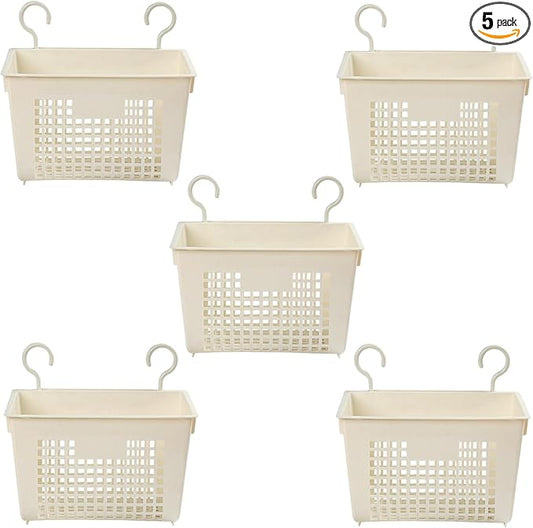 5PCS Plastic Hanging Baskets for Shower, Hanging Basket Organizer with Hooks, Rectangle 11.3Inches Small Hanging Storage Basket (Beige)
