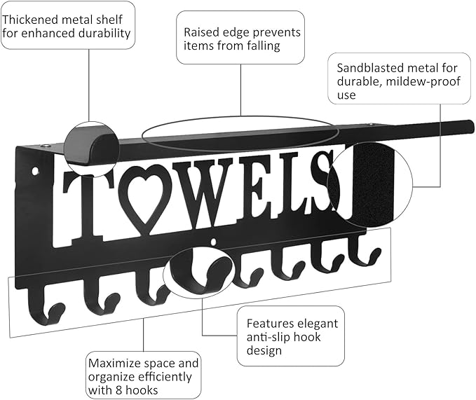 Towel Rack with Shelf 8 Hooks, Bathroom Towel Holder Metal Shelf Organizer, Wall Mounted Storage for Towels, Robes, Clothes in Bathroom, Hot Tub, Kitchen, Bedroom,Home