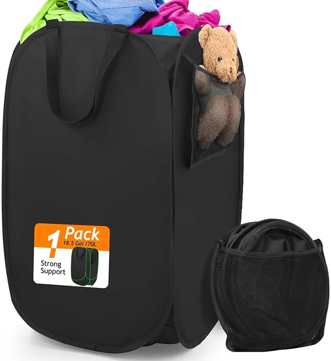 House Again Upgraded Polyester Pop-up Laundry Hamper, 70L (18.5 Gal) Laundry Basket with Durable Handles Solid Bottom High Carbon Steel Frame and Side Pocket, Easy to Open and Fold Flat for Storage