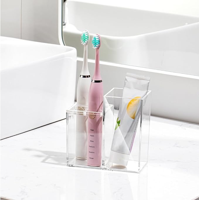 Acrylic Toothbrush Holders for Bathrooms, 5 Slots Clear Toothpaste Organizer Removable Compartment Bathroom Accessories Storage Toothbrush Stand for Vanity Countertop(2 pcs)