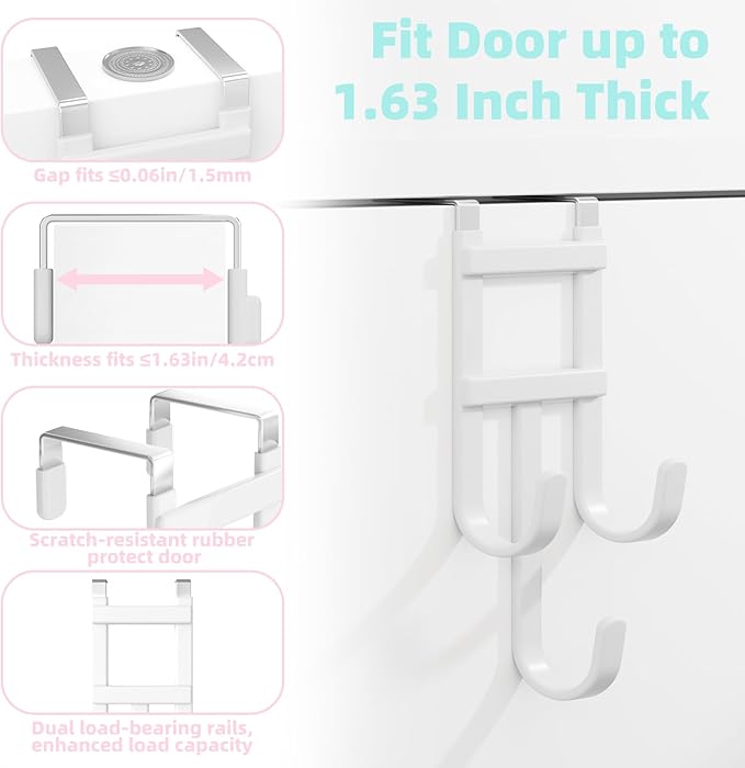 Over The Door Hooks - 2 Pack Heavy Duty Triple-Hook Organizer Hanger with Rubber for Towels, Clothes, Hats & Bags Use in Bathroom, Bedroom, Kitchen - Fits Interior Doors (White, Shape A)